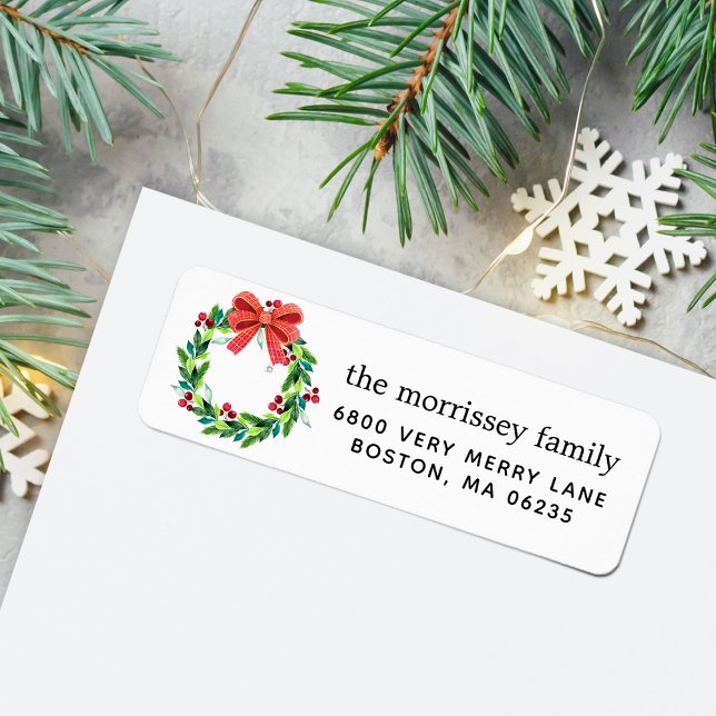 Etiqueta Berry de Natal e Holly Wreath (Watercolor Holiday Berry and Holly Wreath Return Label)