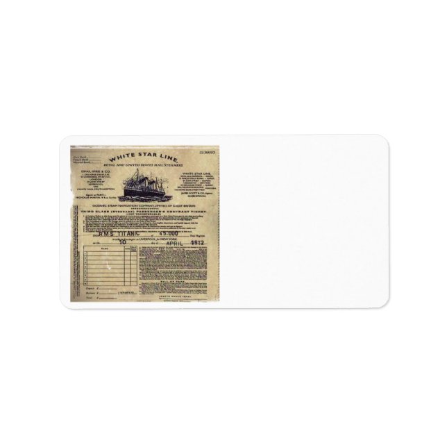 Etiqueta Bilhete para RMS Titanic 1912 (Frente)