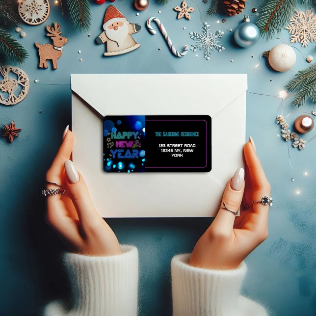 Etiqueta Black & Blue Midnight Sparkle Neon Glow New Year  (Criador carregado)