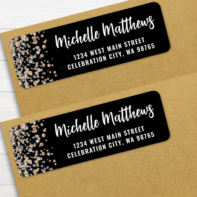 Etiqueta Black Dourado Glitter 50º Aniversário Endereço de  (Black Gold Glitter 50th Birthday Return Address label)