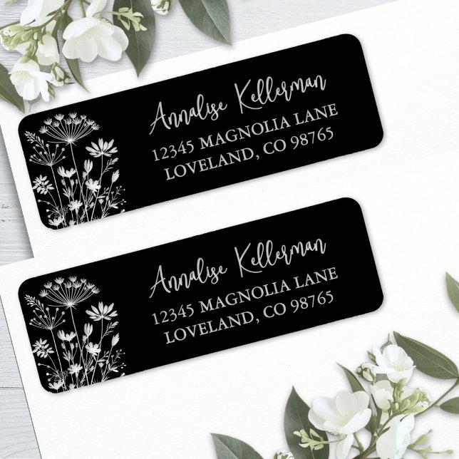 Etiqueta Black Elegant Wildflower Return Address (Black Elegant Wildflower Return Address Label )