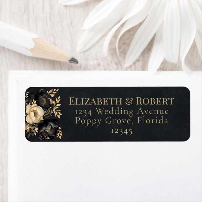 Etiqueta Black & Gold Peony Wedding Address Labels (Insitu)