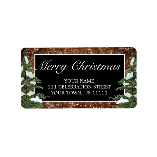 Etiqueta Black Snowy Wood & Forest Endereço de Natal Feliz (Frente)