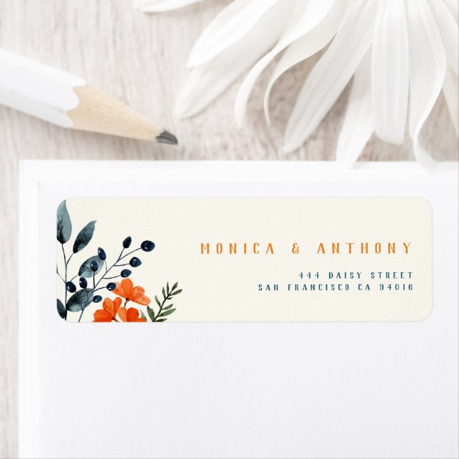 Etiqueta Blooming Botanicals Orange Floral Blue Casamento (Insitu)