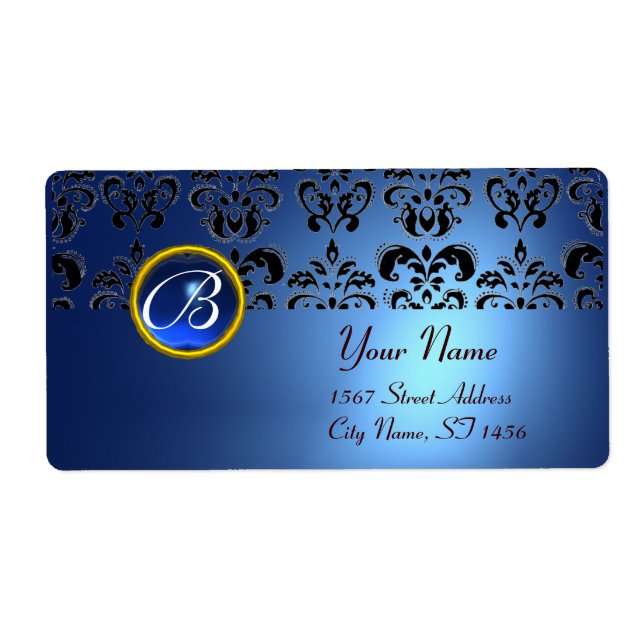 Etiqueta BLUE BLACK DAMASK MONOGRAM,sapphire turquase (Frente)