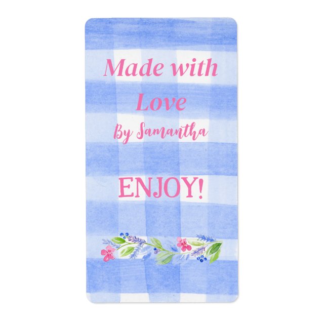 Etiqueta Blue Check Gingham Flowers MADE WITH LOVE  (Frente)