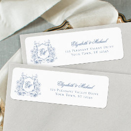 Etiqueta Blue Floral Crest Monograma Endereço de devolução 