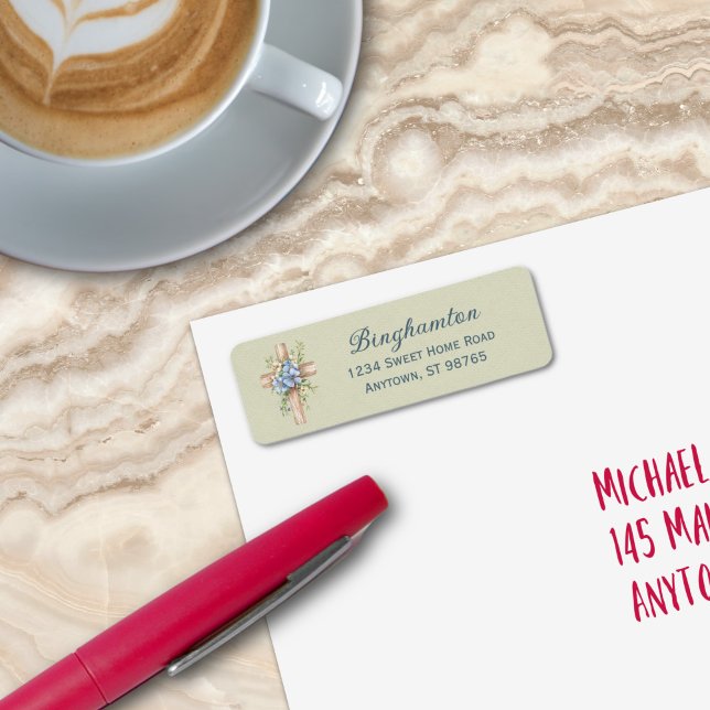 Etiqueta Blue Floral Cross Personalizado (Watercolor Blue Floral Cross Personalized Label
)