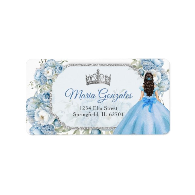 Etiqueta Blue Floral Silver Crown Quinceañera Endereço (Frente)
