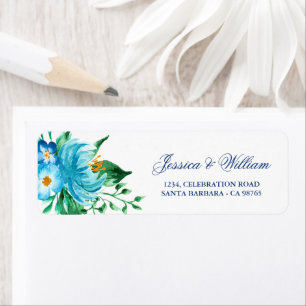 Etiqueta Blue Florals Watercolor Endereço de Devolução de C