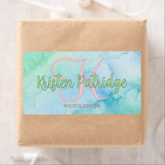 Etiqueta blue green watercolor editor writer name monogram