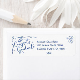 Etiqueta Blue Hand Drawn Doodle Graduation White Address
