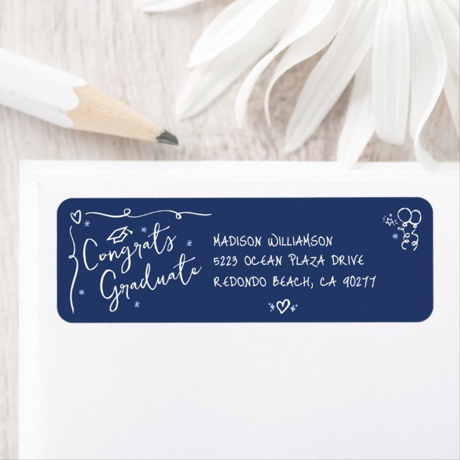 Etiqueta Blue Hand Drawn Doodle Style Graduation Address (Insitu)