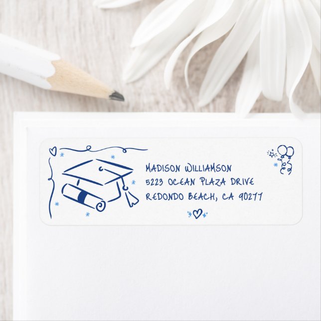 Etiqueta Blue Hand Drawn Doodles Graduate Cap White Address (Insitu)