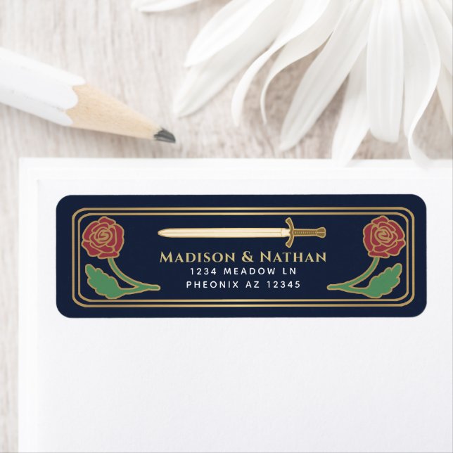 Etiqueta Blue Medieval Fantasy Gold Sword Wedding Label (Insitu)