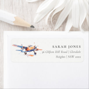 Etiqueta Blue Orange Blush Watercolor Air Plane Endereço