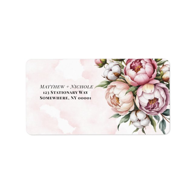 Etiqueta Blush Pink Peony and Cotton Wedding Address (Frente)