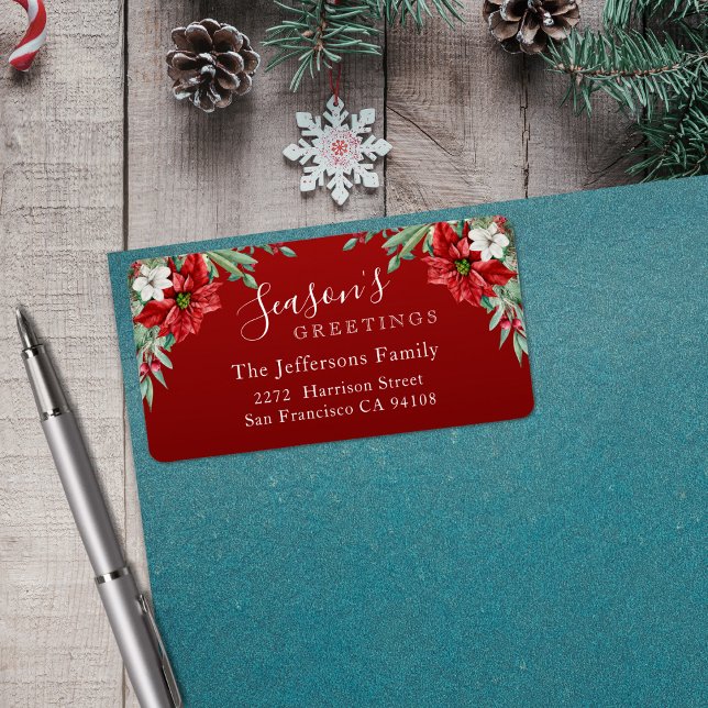 Etiqueta Boas-vindas da temporada Poinsettia Red Christmas (Season's Greetings Poinsettia Red Christmas Label)