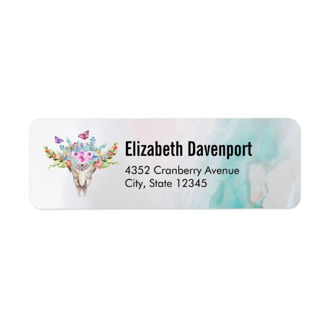 Etiqueta Boho Animal Skull with Butterflies and Flowers (Frente)