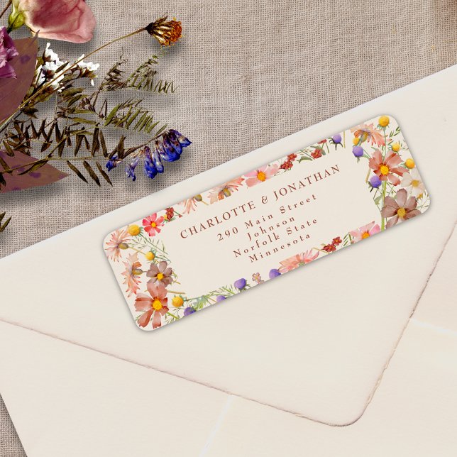 Etiqueta Boho Fall Rustic Wildflower Wedding (Boho fall rustic wildflower floral burnt Orange terracotta beige wedding return address label )
