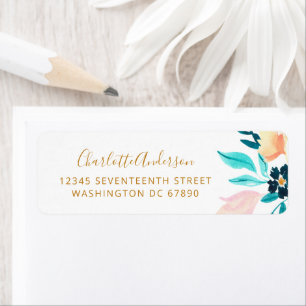 Etiqueta Boho Teal Dourado Watercolor Flowers Endereço de