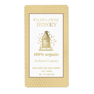 Etiqueta Boião de mel de colmeia rústica em ouro