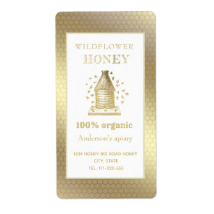 Etiqueta Boião de mel de colmeia rústica em ouro
