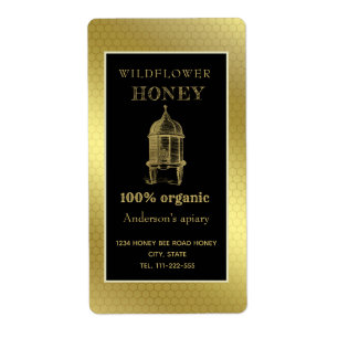 Etiqueta Boião de mel de colmeia rústica em ouro