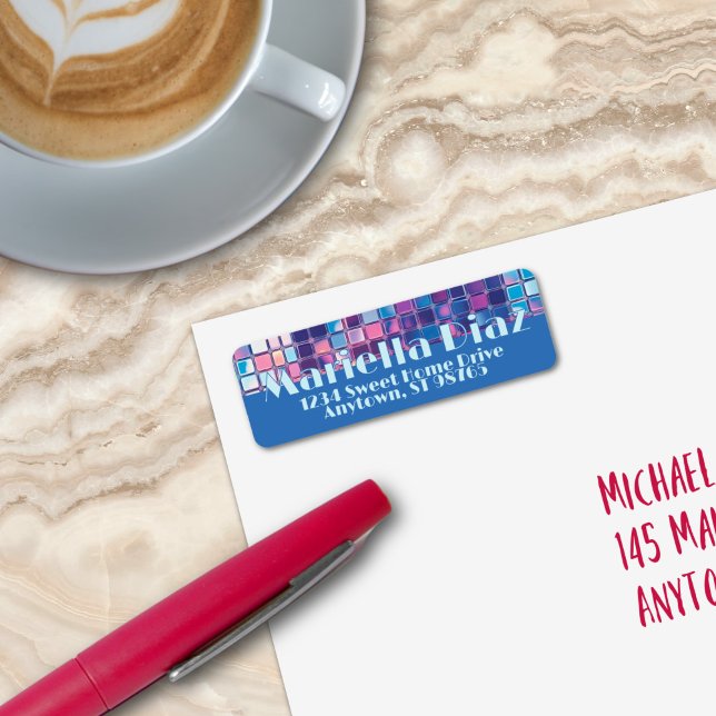 Etiqueta Bola de Disco Azul e Roxo do Groovy Personalizada (Groovy blue and purple disco ball personalized return address label)