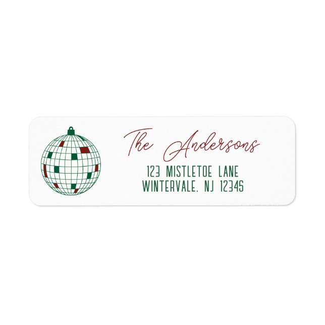 Etiqueta Bola de Discoteca de Natal Verde & Branco Endereço (Frente)