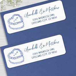 Etiqueta Bolo Antigo Endereço de Casamento Azul Desenhado à