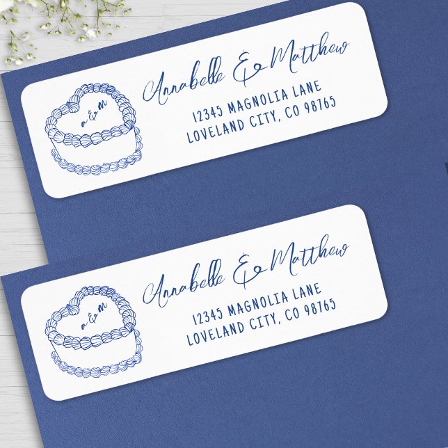Etiqueta Bolo Antigo Endereço de Casamento Desenhado à Mão  (Vintage Cake Hand Drawn Blue Wedding Address label)