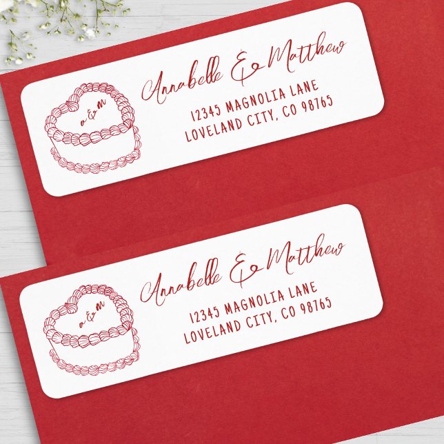 Etiqueta Bolo Antigo Endereço de Devolução de Casamento Des (Vintage Cake Hand Drawn Red Wedding Return Address label )