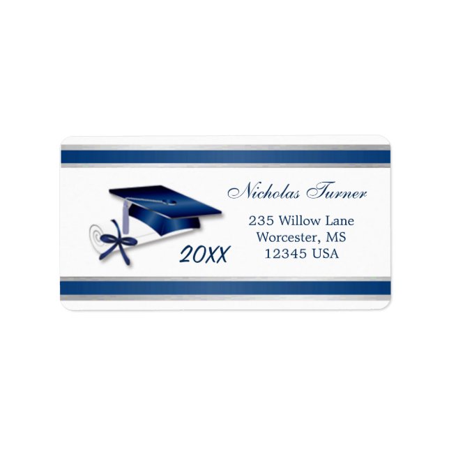Etiqueta Boné e diploma de graduação de alcatrão azul-prata (Frente)