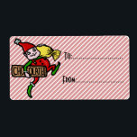 Etiqueta Bonita Vintage Candy Christmas Elf Personalizável<br><div class="desc">Este elfo de Papais noeis de Natal está saltando e carregando um pedaço gigante de doce e um bar de chocolate. Ele está vestindo macacos vermelhos com um chapéu vermelho e calçados verdes. É um design bonito, inspirado em um anúncio antigo do início dos anos 1900, mas retrabalhado de uma...</div>