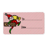 Etiqueta Bonita Vintage Candy Christmas Elf Personalizável<br><div class="desc">Este elfo de Papais noeis de Natal está saltando e carregando um pedaço gigante de doce e um bar de chocolate. Ele está vestindo macacos vermelhos com um chapéu vermelho e calçados verdes. É um design bonito, inspirado em um anúncio antigo do início dos anos 1900, mas retrabalhado de uma...</div>