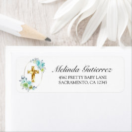 Etiqueta Bonito Dourado Cruz Azul Floral Bebê Baptismo
