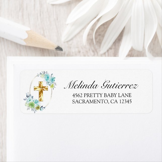 Etiqueta Bonito Dourado Cruz Azul Floral Bebê Baptismo (Insitu)