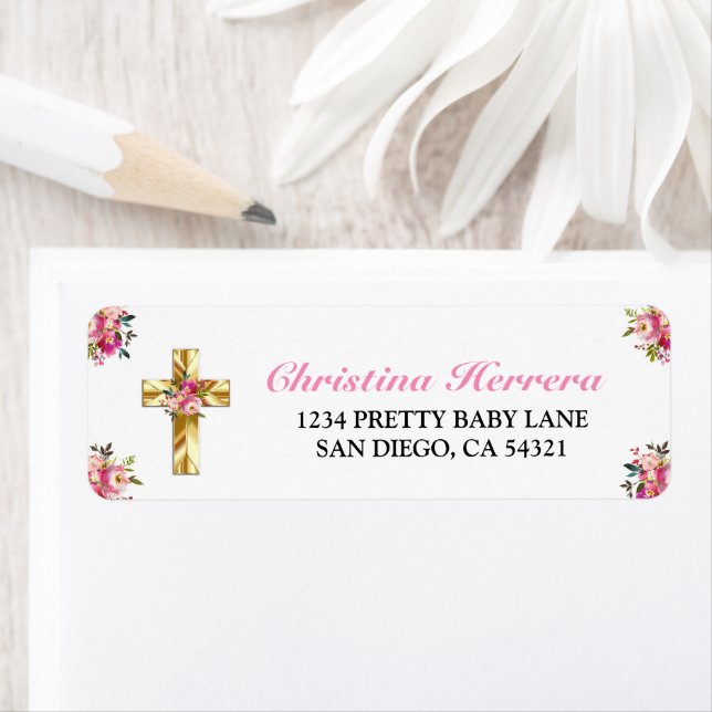 Etiqueta Bonito Rosa Floral Oro Cruz Bautismo (Insitu)