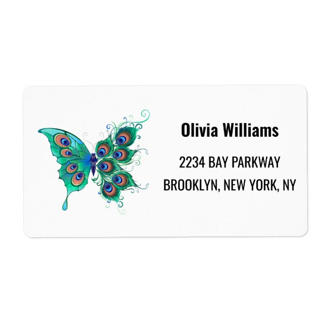 Etiqueta Borboleta com Penas de Pavão Verde (Frente)