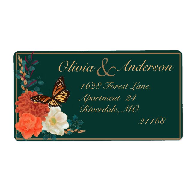 Etiqueta Borboleta Floral Monarca Verde casamento outono Es (Frente)