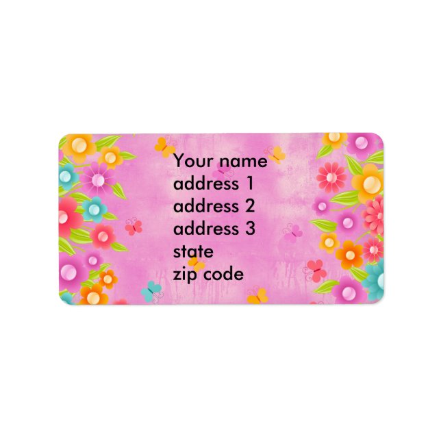 Etiqueta Borboleta rosa e flores (Frente)