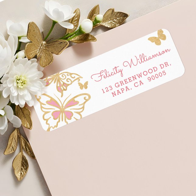 Etiqueta Borboletas Bonito mágicas, Douradas e rosa (Magical Chic Pretty Cute Gold and Pink Butterflies Label)