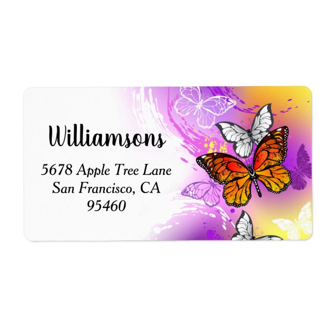 Etiqueta Borboletas Monarcas em Fundo Roxo (Frente)