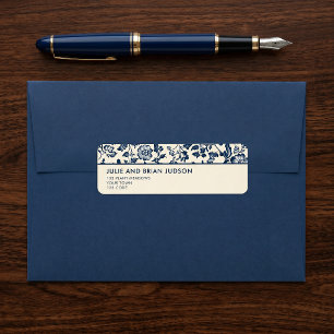 Etiqueta Borda floral Delft azul e creme para endereço de r