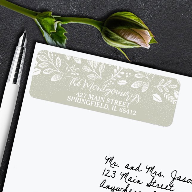 Etiqueta Botânicos Brancos em Endereço de Devolução Verde S (White botanicals on sage green return address labels)