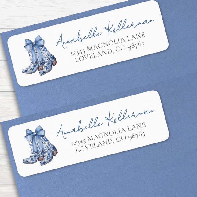 Etiqueta Botas Cowboy Country Bow Endereço de Devolução (Country Blue Bow Cowboy Return Address label)
