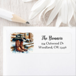 Etiqueta Botas de cowboy na varanda da frente em um dia de