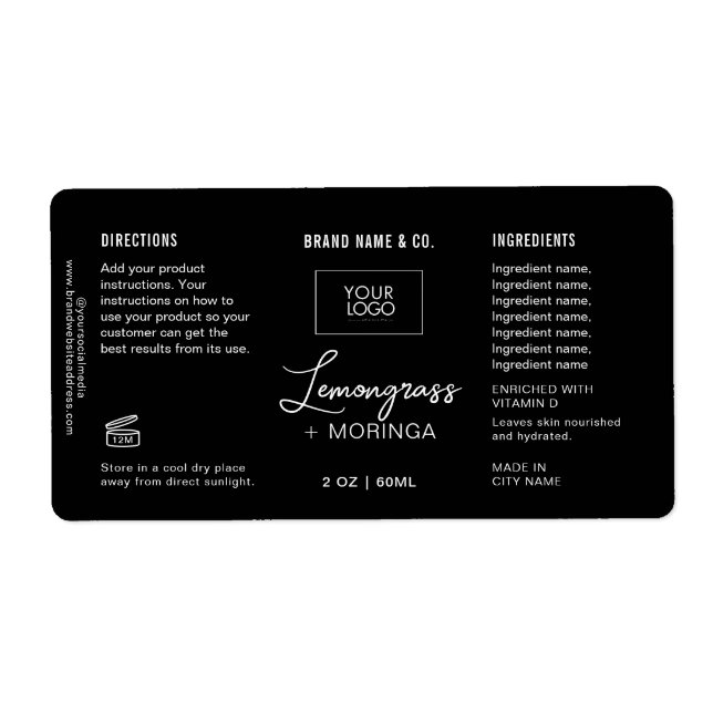 Etiqueta branca e preta personalizável do produto (Frente)