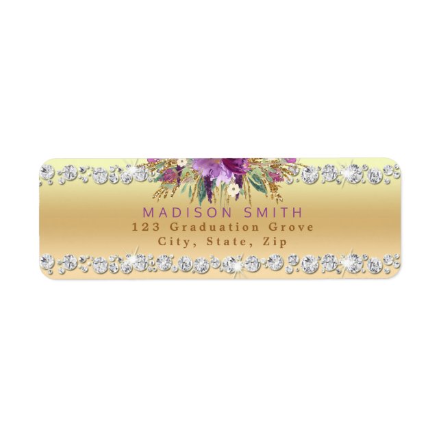 Etiqueta Brilhante Roxo-Chic Flores Diamantes Dourados (Frente)